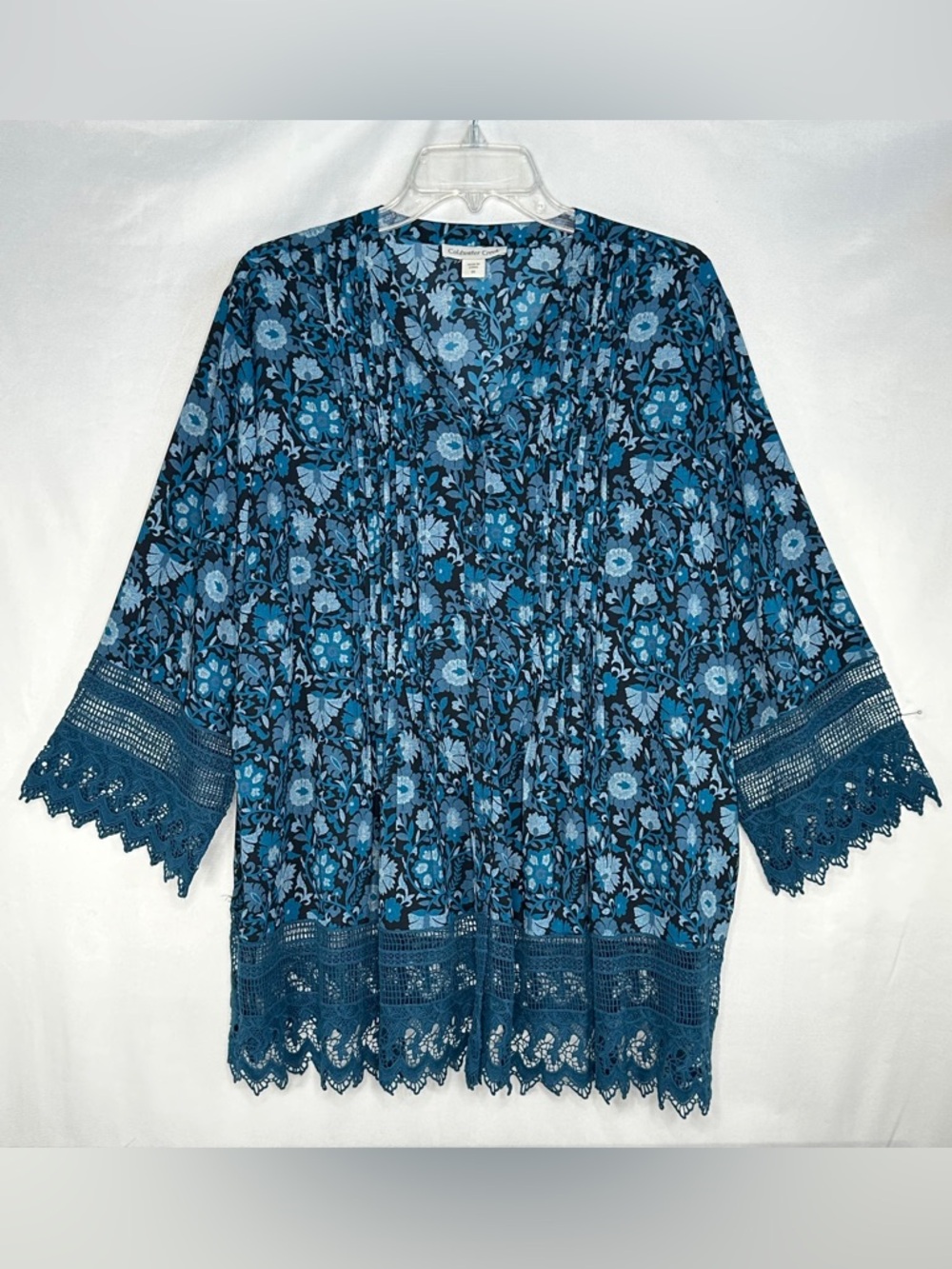 Coldwater Creek Navy and Teal Floral Gracious‎ Lace Pintuck Blouse Sz 1X